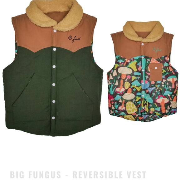 B fresh Other - Big Fungus Mushroom Reversible Vest Sherpa Collar Forest Green & Tan